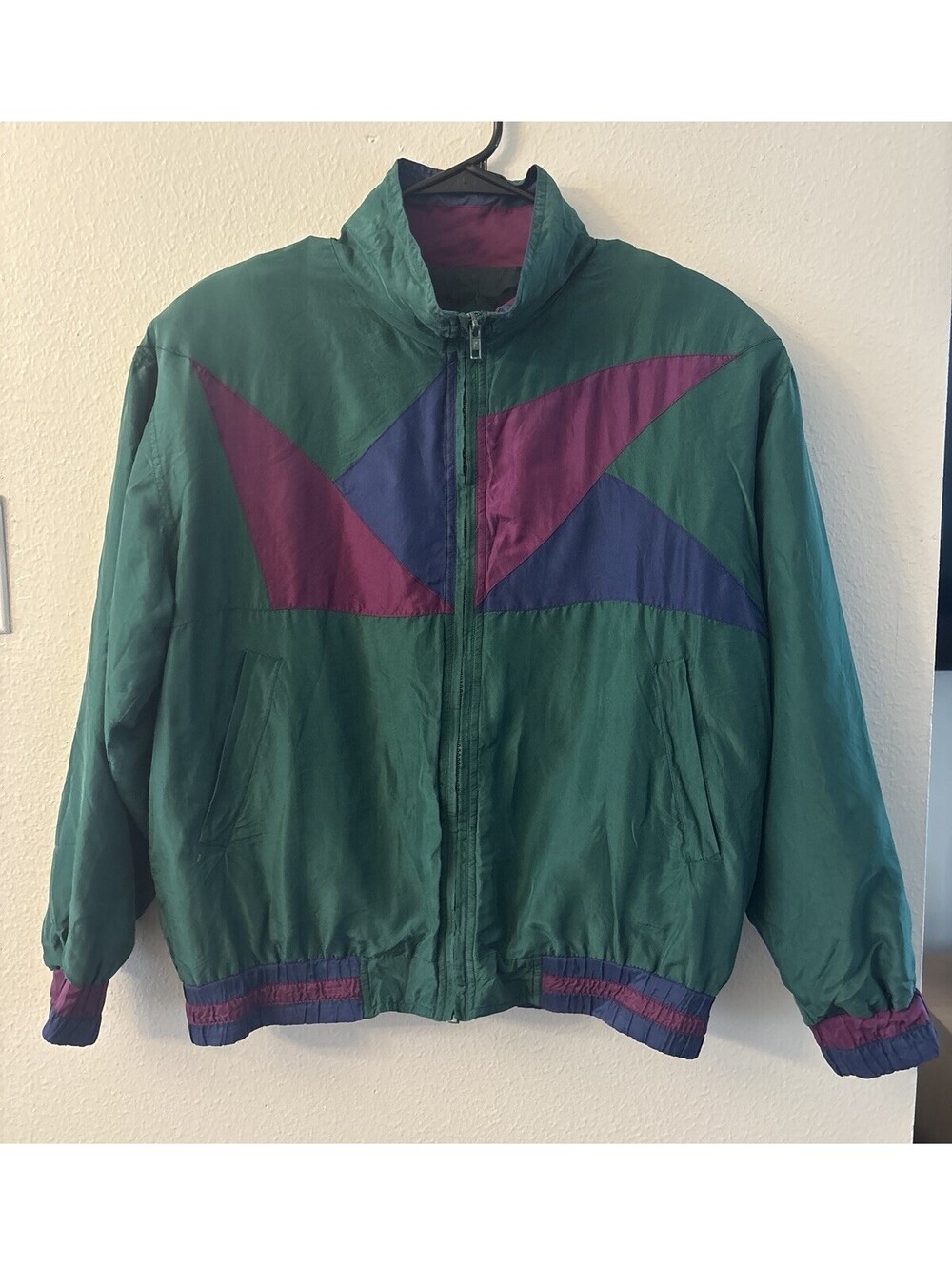 Women’s Vintage 100%Silk Green Geometric Zip Up Windbreaker Size Small
